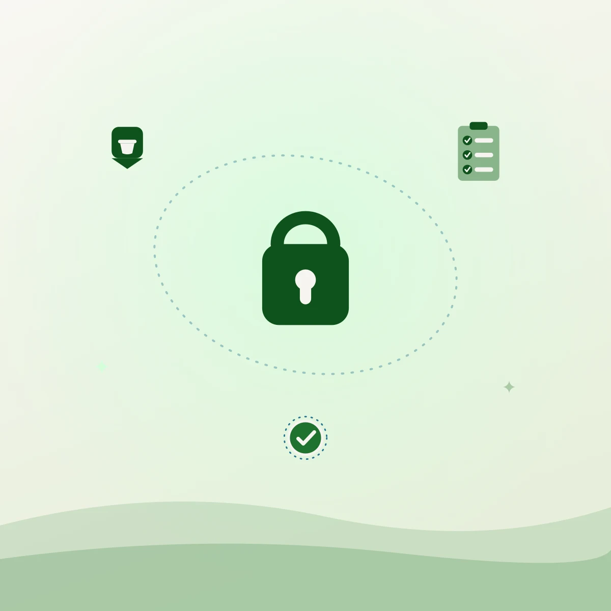 Illustration of a Food Web kitchen deposit hold: a padlock, a checklist, and a kitchen pin